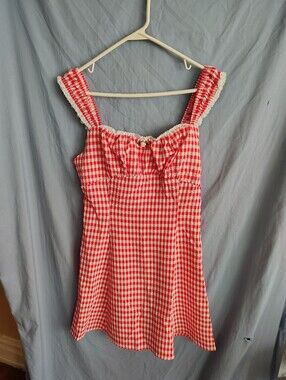 IRIS Dress Juniors L Red White Gingham Above Knee Cottagecore NWT